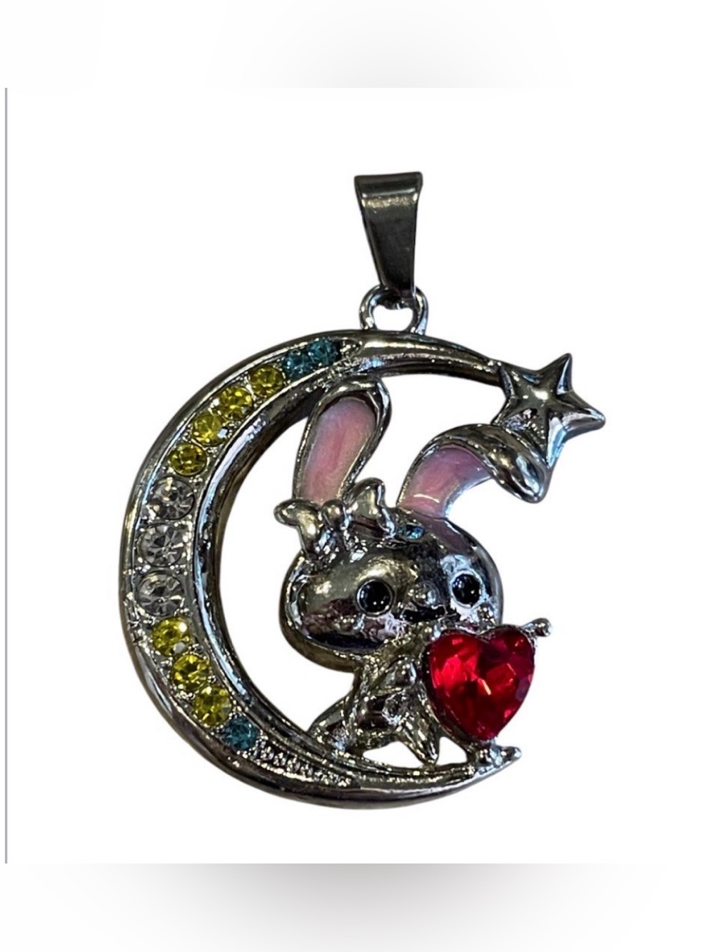Silver Tone Jeweled Bunny in Crescent Moon Pendant #6515